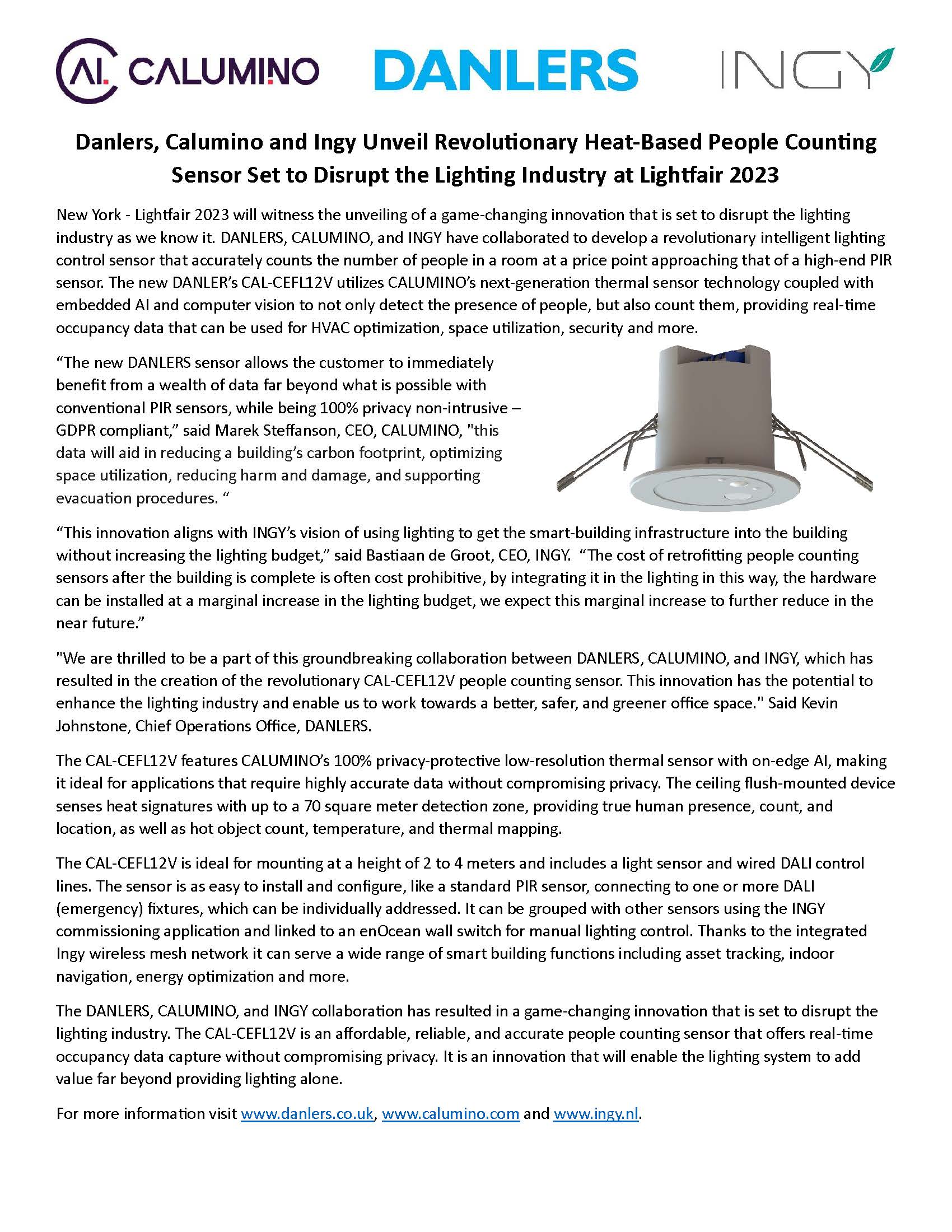 Danlers, Calumino and Ingy Unveil Revolutionary Heat-Based People Counting Sensor Set to Disrupt the Lighting Industry at Lightf